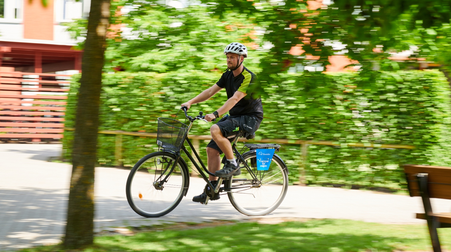 Manlig bovärd med cykelhjälm cyklar bland grönskan på Delphi