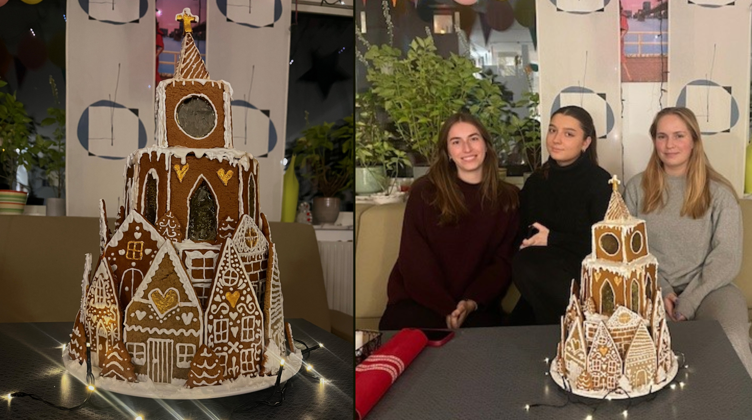 De tre vinnarna sitter bakom sitt pepparkakshus