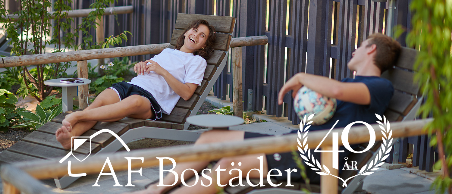 Two people in sunchairs. On top of the picture there is written "AF Bostäder 40 years".